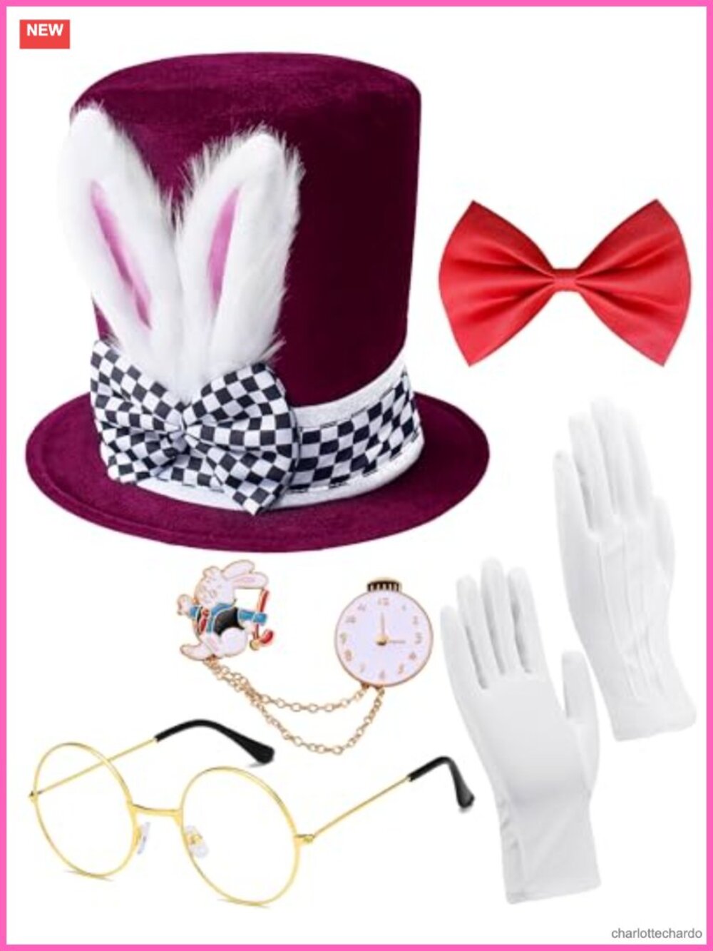 White Rabbit Costume Accessory Set Velvet Bunny Ear Top Hat Bow Tie Gloves